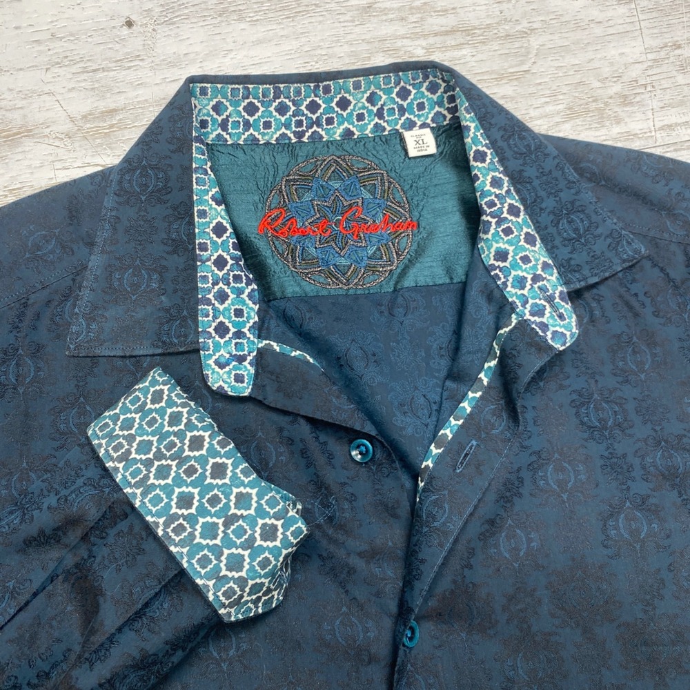 Robert Graham Button Down Shirt Mens XL Navy Blue Damask Jacquard Mandala Logo